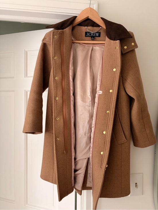J. Crew Jackets & Blazers - J.Crew Camel Wool Blend Hooded Trench Coat with Dark Brown Collar